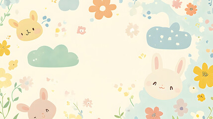 Adorable bunnies and flowers, pastel colors, whimsical illustration, perfect for kids' products, cards, or spring themes.