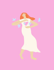 Woman with hole in heart shape and flying birds