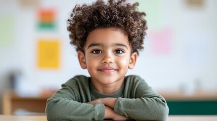 Engaging and Uplifting Imagery of a Smiling Child with Curly Hair in a Bright Classroom Setting