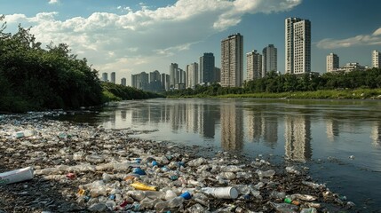 Obraz premium Plastic-filled riverbanks contrasting sharply with a backdrop of modern city towers, symbolizing the cost of urban advancement.