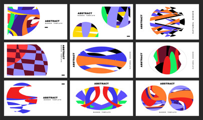 Abstract geometry banner set. Abstract shape, background collection. Horizontal poster template bundle. Colorful banner template pack, or promotion, advertisement, music fest. Art & Illustration