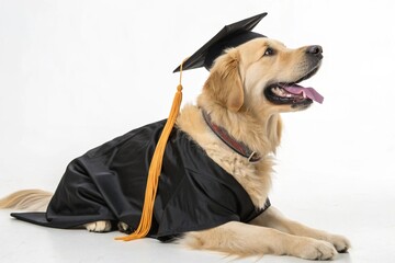 A cute golden retriever dog wearing graduation cap and gown,finish school.