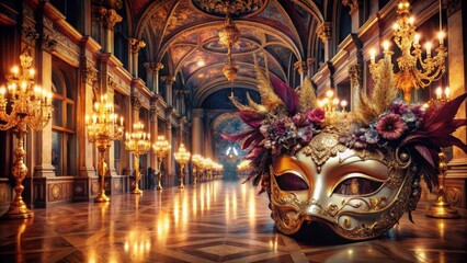 Elegant masquerade ball with lavish decor and intricate masks in a grand hall, party, evening,  party, evening, aristocratic