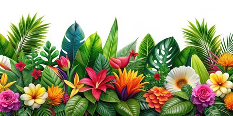 Fototapeta premium Vibrant floral arrangement featuring lush green leaves and colorful tropical flowers in a seamless background