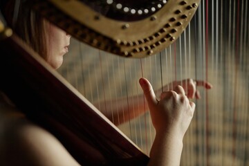 Close up on woman playing harp plucking strings gently performing enchanting melody in philharmonic hall, copy space