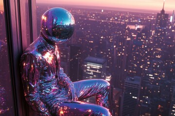 Obraz premium Disco Ball Figure Contemplates City Lightscape At Dusk