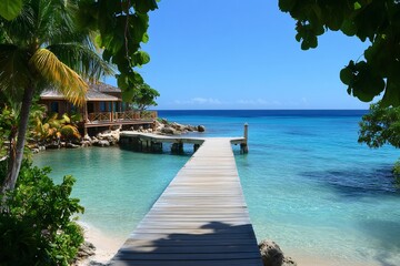 Wooden pier leading to tropical bungalow in tranquil bay
