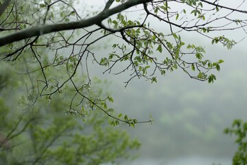 Spring Rain in a Forest A misty spring forest with sunlight filtering through rain-soaked leaves.