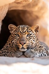 Fototapeta premium Leopard resting in a cave looking forward