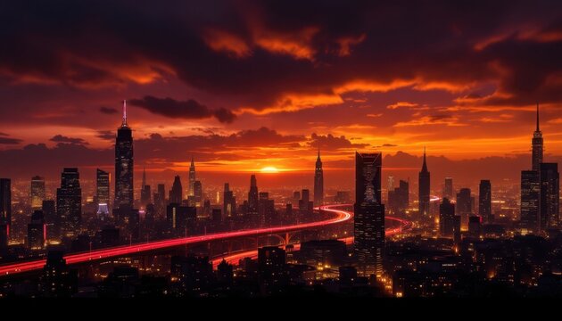 Vibrant sunset over futuristic cityscape with illuminated skyscrapers and winding highway