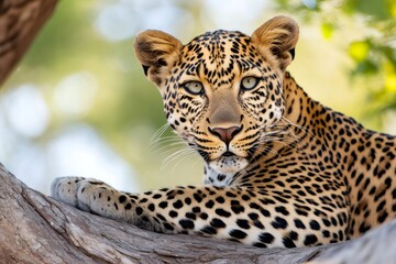 Fototapeta premium Leopard resting on a branch, staring intensely with green eyes