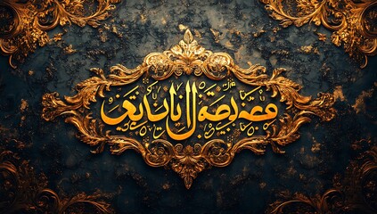 Ornate Golden Arabic Calligraphy on Dark Blue Textured Background with Intricate Borders

