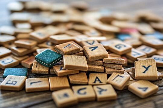 wooden squares of different mixed colors, scrabble board game.