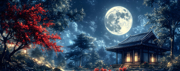 Obraz premium Moonlit Asian Garden House