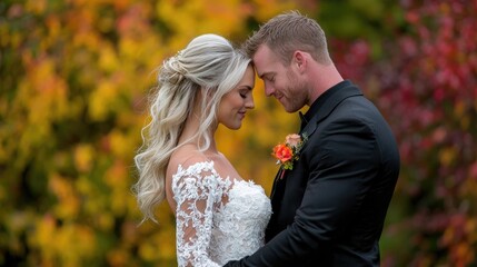 Couple embraces in autumn garden, wedding photoshoot. Perfect for wedding announcements