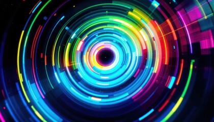 Colorful abstract neon light spiral with dynamic circular patterns