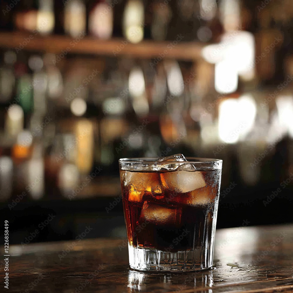 Poster refreshing dark drink with ice cubes on a bar surface in a dimly lit setting