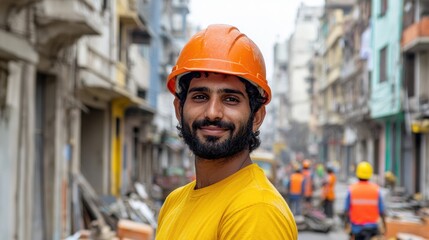 Indian construction worker portrait urban setting action shot