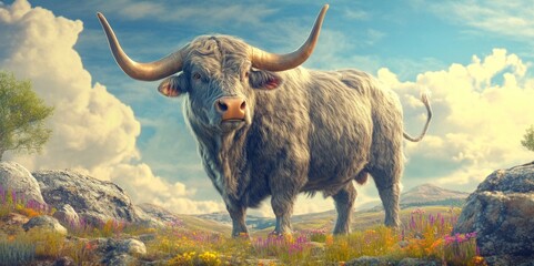 Majestic Highland Bull in a Serene Landscape