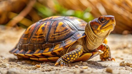 Obraz premium Brown and yellowish-brown box turtle with shell on a sandy background in a desert landscape, Sandy Background, Turtle Species