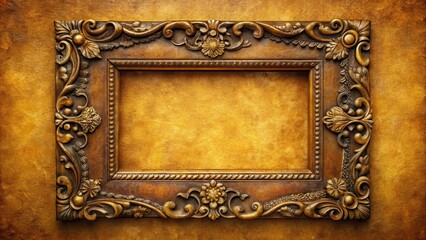 A distressed leather frame with a vintage aesthetic sits atop a yellowish background, adorned with intricate carvings and ornate details , antique style, decorative accent