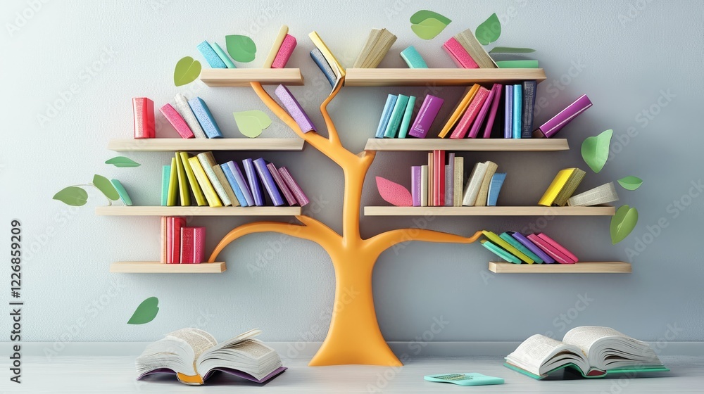 Aufkleber tree-shaped bookshelf design featuring vibrant books and scattered open pages, standing out against 