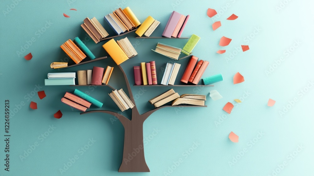 Poster tree-shaped bookshelf design featuring vibrant books and scattered open pages, standing out against 