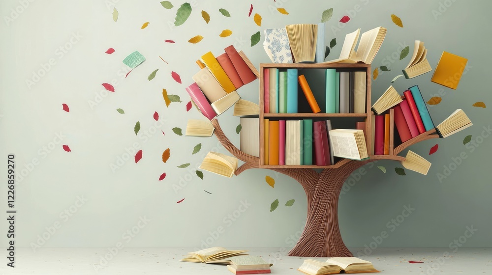 Poster tree-shaped bookshelf design featuring vibrant books and scattered open pages, standing out against 