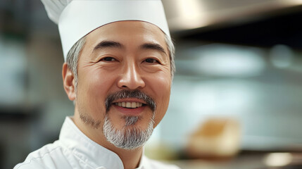 Black and white sketch of a smiling chinese chef with a goatee beard wearing a traditional white toque
