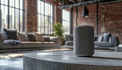 Naklejka premium Industrial Smart Loft. A tall smart speaker positioned on a concrete surface in a modern loft space with exposed brick walls, large windows and contemporary furniture.