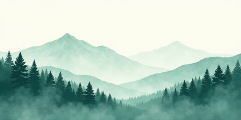 Obraz premium Serene Misty Mountain Range with Silhouetted Evergreen Trees in a Dreamlike Setting