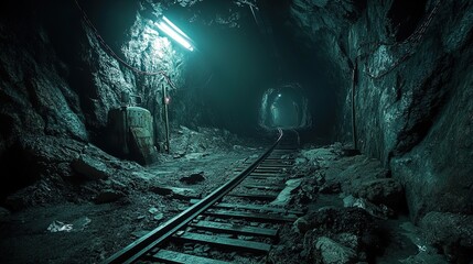 Naklejka premium Underground mining tunnel with dim lighting, rough rock walls, and tracks leading into darkness