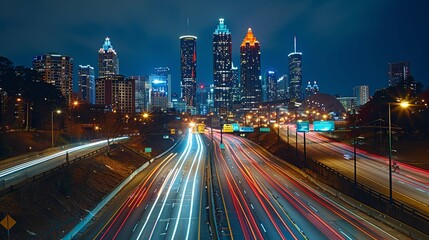 Fototapeta premium Atlanta Skyline Night View Cityscape Highway Lights