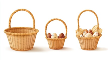 Three woven baskets with colorful Easter eggs. Springtime holiday decorations.