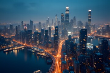 Obraz premium Breathtaking Aerial View of Illuminated Megacity Skyline at Night with Skyscrapers and Bridges