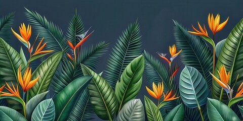 Fototapeta premium Tropical leaves with bird of paradise on a dark grey black background create a visually stunning seamless design , exotic