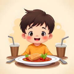 Cheerful Cartoon Boy Enjoying a Delicious Meal with Hamburger Fries and Soda