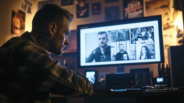 Man reviewing photos on computer at home - Powered by Adobe