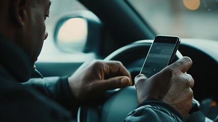 Man texting while driving in city traffic.  Use  Road safety campaign