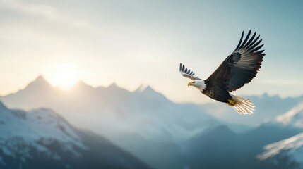 Fototapeta premium Majestic Bald Eagle Soaring Over Mountain Landscape