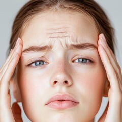 Fototapeta premium Young woman touching forehead, worried expression, neutral background, for skincare or health articles