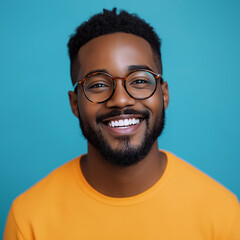 Obraz premium Happy smile man African American wearing glasses in vibrant orange monochromatic setting against blue background