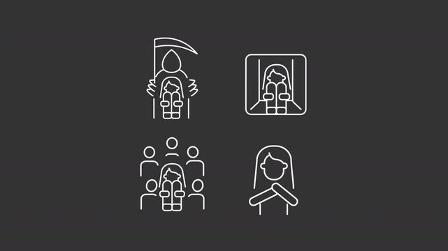 Phobia types white line animation library. Animated icons related to fear. Anxiety and stress. Scared people. Isolated illustrations on dark background. Transition alpha. HD video. Icon pack