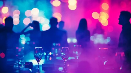 Dark blue and magenta gala dinner with silhouettes of people seen through blurred glass. Stylish background with cold tones, bokeh, and luxury vibes, Blurred background
