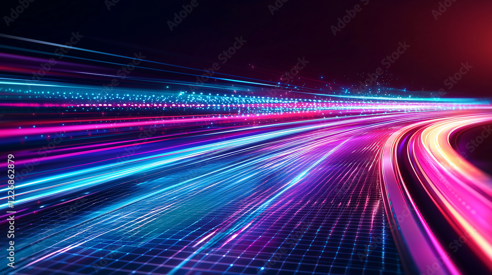 Poster neon-glowing data highway with overlapping light streaks in a futuristic cyberpunk city representing