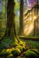 dramatic vibrant forest landscape captured stunning lighting effects reflecting beauty, trees, sunlight, sky, branches, grass, foliage, hills, outdoor