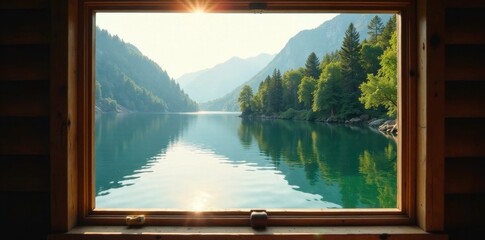 Serene lake waters reflected in wooden hut windowpane, Serenity Now, Sunny Afternoon