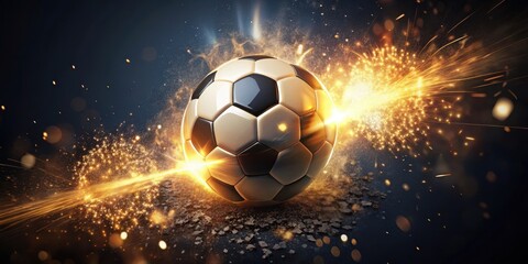 Fototapeta premium A glowing soccer ball in mid-air surrounded by twinkling lights and sparks, creating a mesmerizing visual effect against a dark background , athletic activity, glow