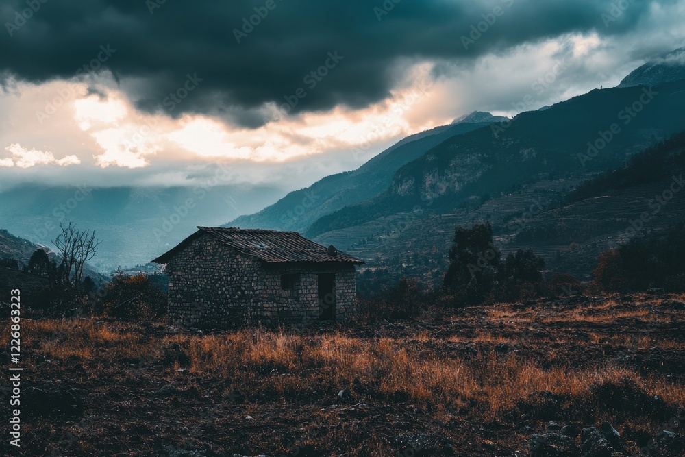 Wall mural Stone hut, mountain valley sunset, dramatic clouds, autumnal field, landscape