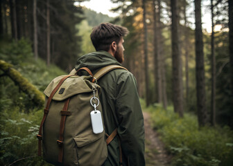 Obraz premium A man with a backpack is walking on a path in a forest. 